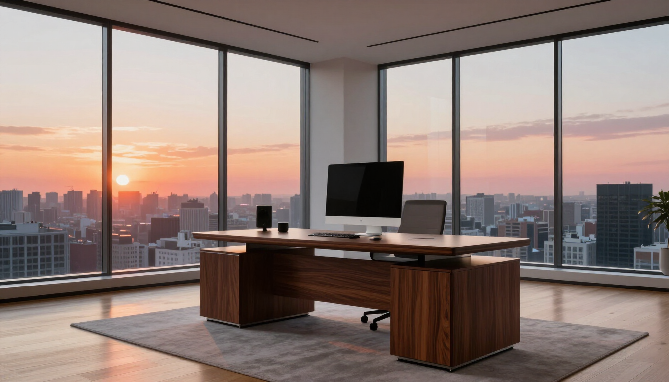Bureau moderne avec un bureau en bois, un ordinateur et une vue sur la ville au coucher du soleil à travers les baies vitrées.