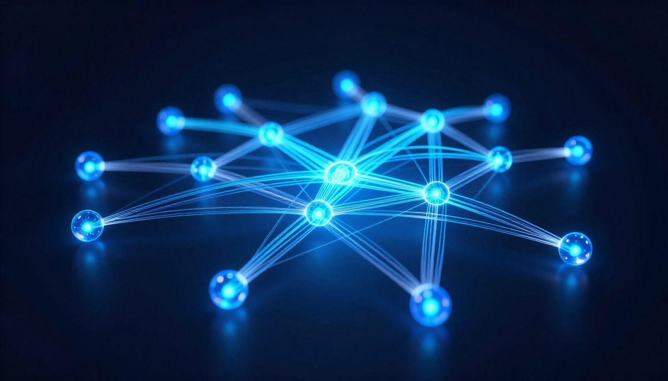 Réseau bleu lumineux de nœuds et de lignes connectés sur un fond sombre