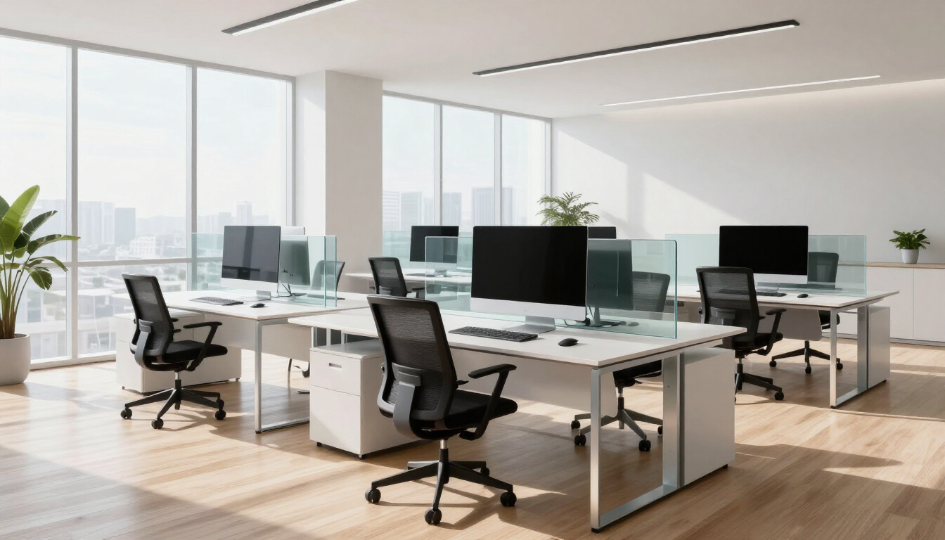 Bureau moderne et lumineux avec bureaux, écrans d'ordinateur et chaises à roulettes dans un espace de travail ouvert et baigné de lumière naturelle.