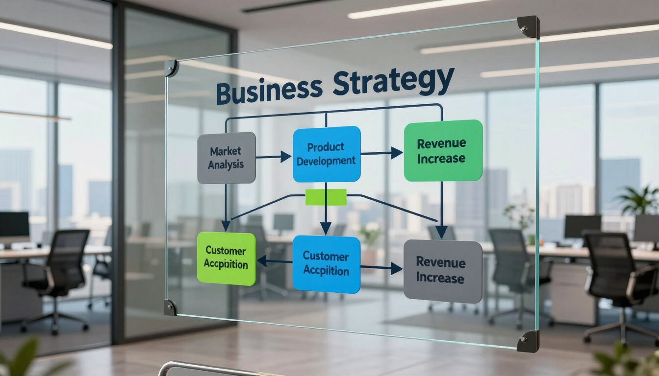 Organigramme de stratégie d'entreprise sur une paroi vitrée dans un bureau moderne, avec des cases et des flèches colorées.