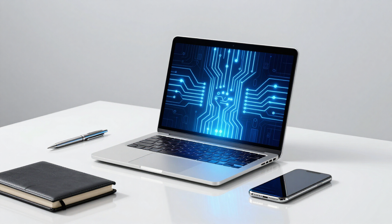 Un ordinateur portable avec un écran bleu lumineux à motifs de circuits imprimés est posé sur un bureau blanc, à côté d'un téléphone, d'un carnet et d'un stylo.