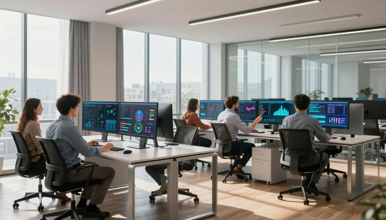Salle de réunion moderne avec des personnes travaillant sur des ordinateurs près de grandes fenêtres donnant sur la ville.