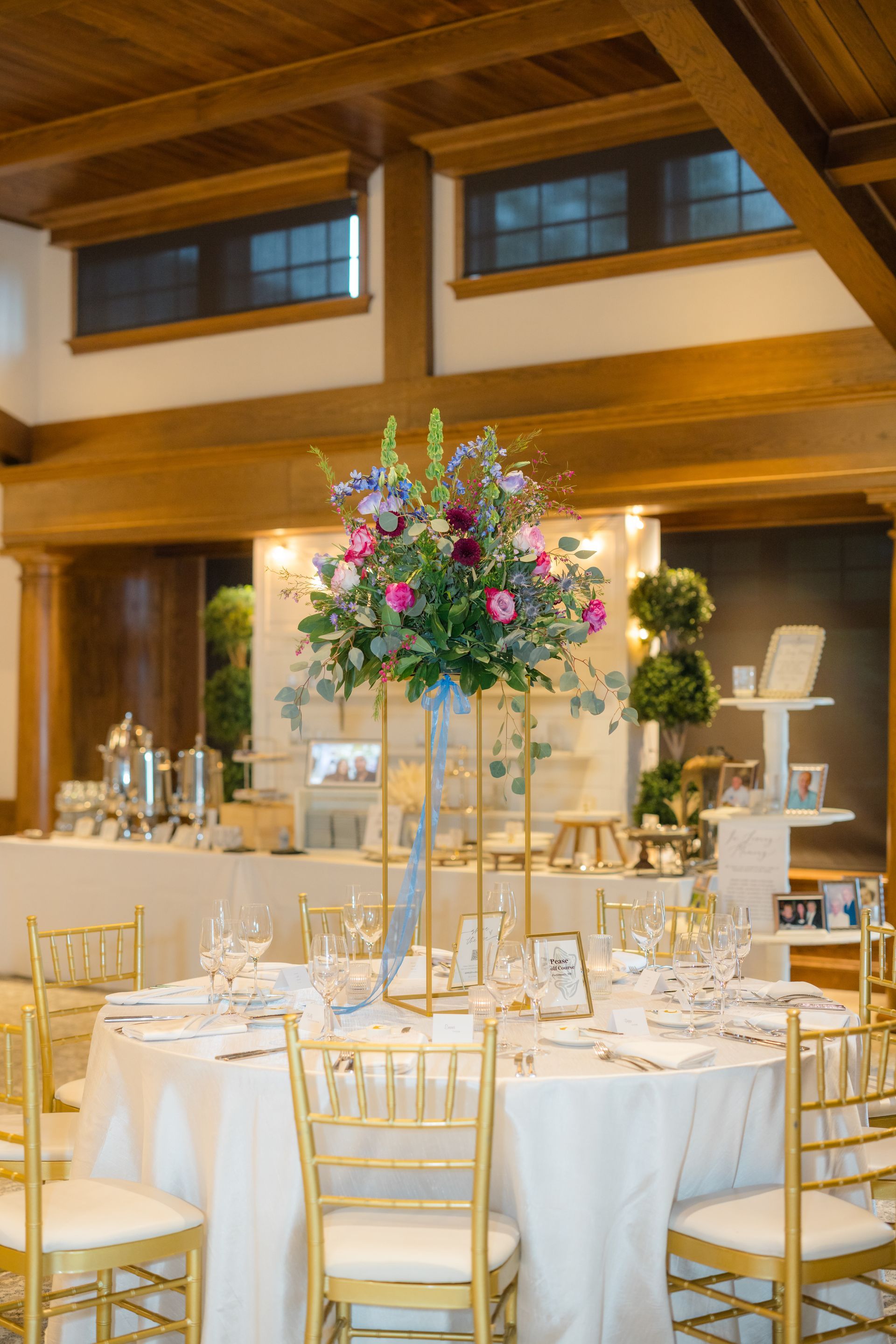 Elegant floral centerpiece in the Grand Ballroom at The Starting Gate 
