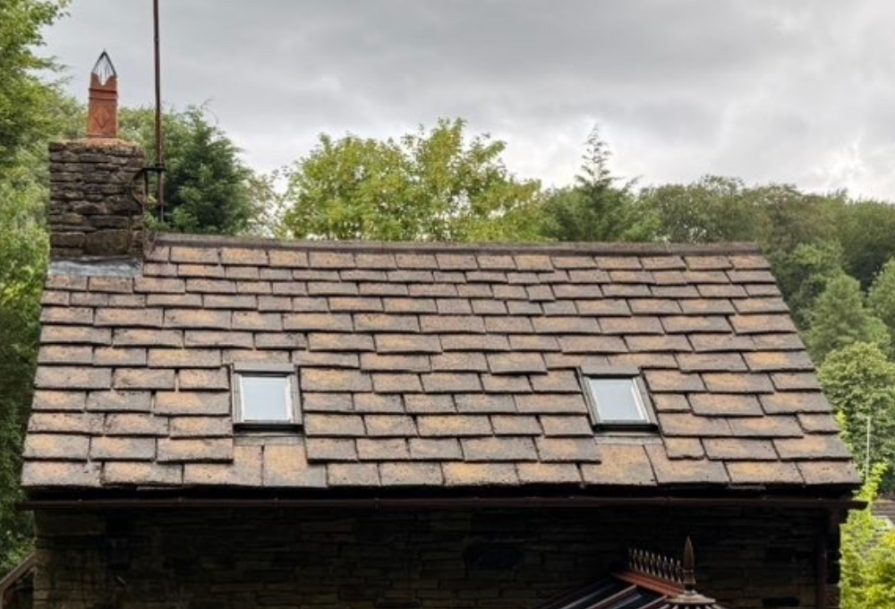 Slate-roofed cottage with two skylights and a stone chimney, surrounded by trees under a cloudy sky