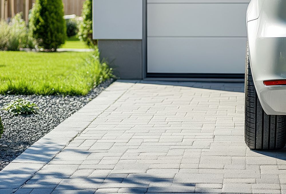 Driveway with light gray paving stones beside a garage and parked car, next to a green lawn.