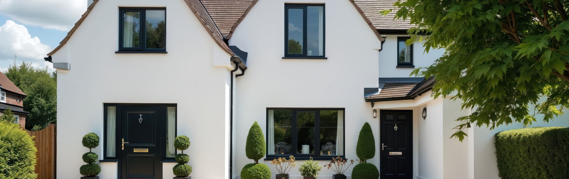 White suburban house with dark-trimmed windows, front door, and neatly landscaped garden