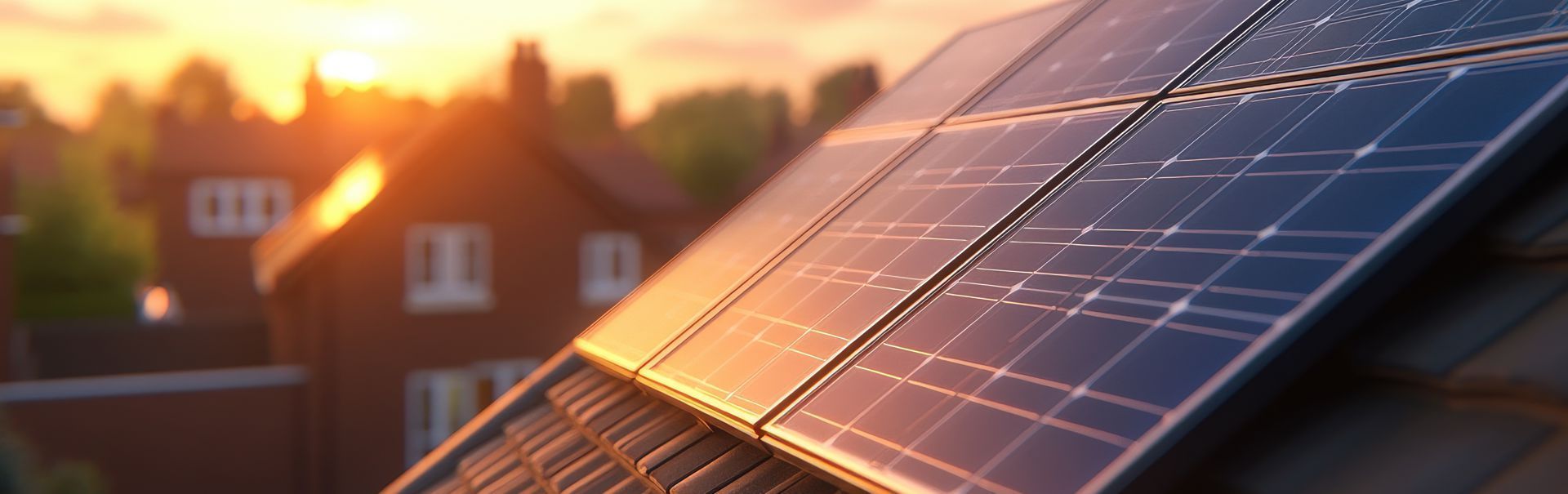 Solar panels on a rooftop at sunset with warm golden light and blurred houses in the background