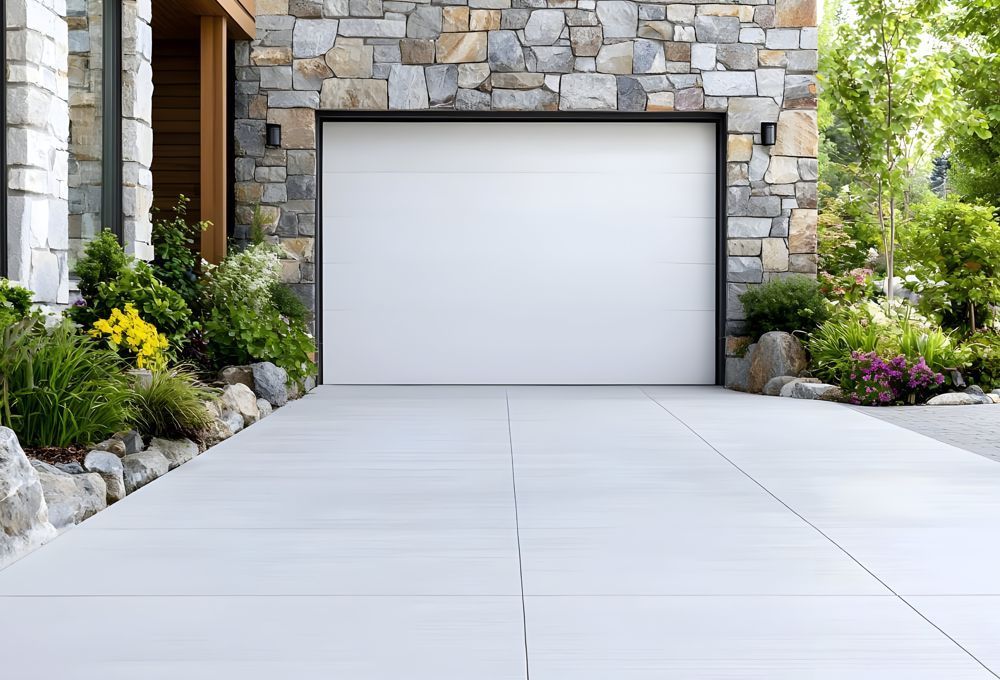 Modern white garage door set in a stone-front house with a wide concrete driveway and landscaped garden beds