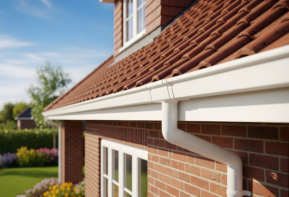 Brick house roof edge with white gutter and downspout under a red tiled roof