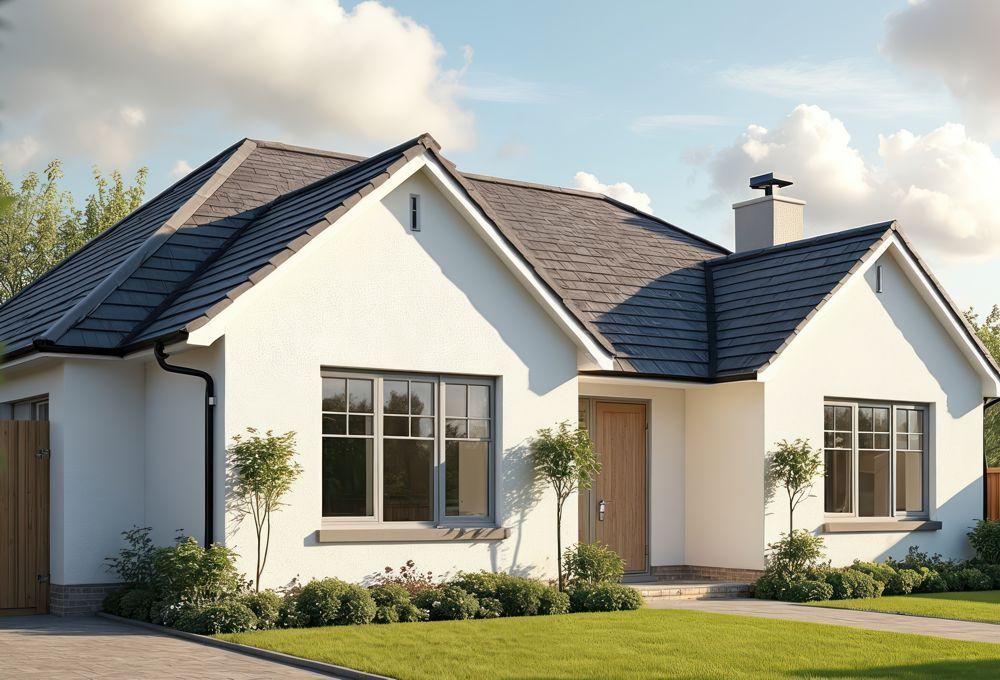 Modern white suburban house with dark roof, large windows, and a front lawn