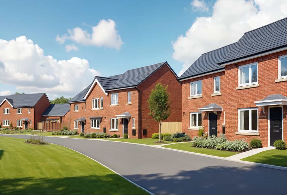 Newly built brick houses on a quiet suburban street with green lawns and blue sky