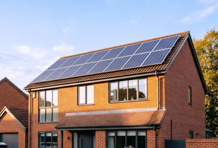 Modern brick house with solar panels on the roof under a blue sky
