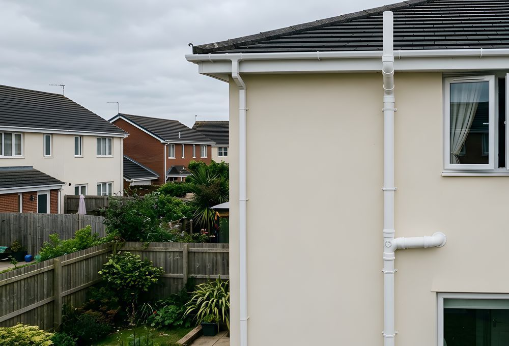 Rear view of a beige house with white guttering, beside neighboring homes and a fenced garden.