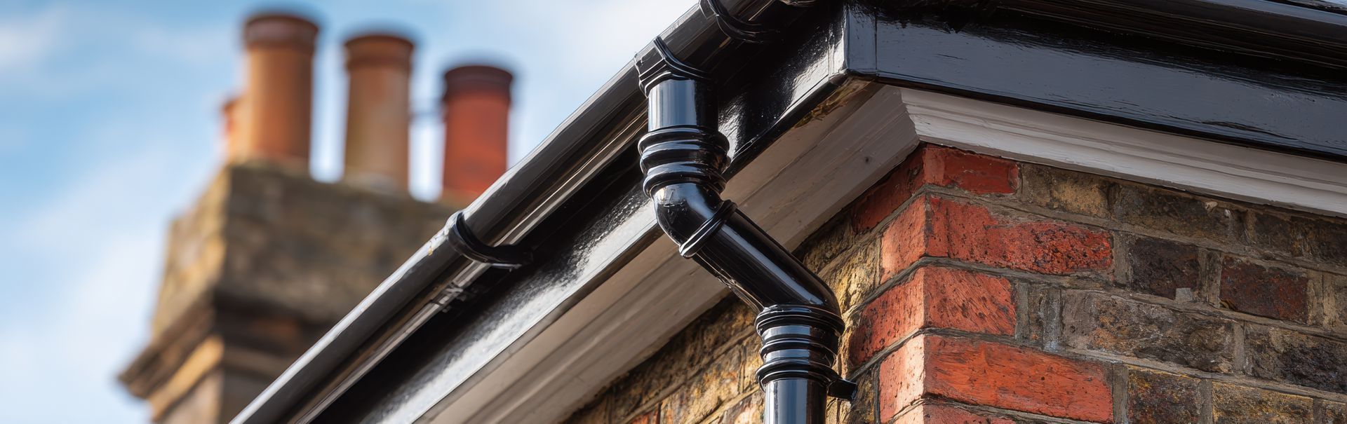 Black rain gutter and downspout on a red brick house roofline, with chimney in the background