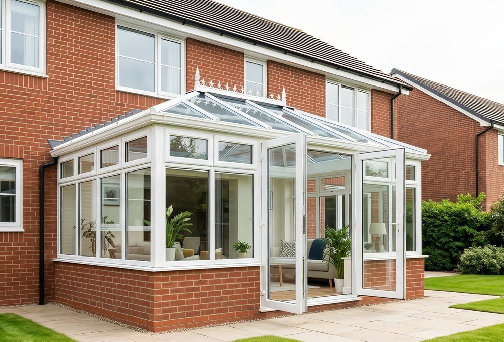White glass conservatory attached to a red brick house with open French doors.