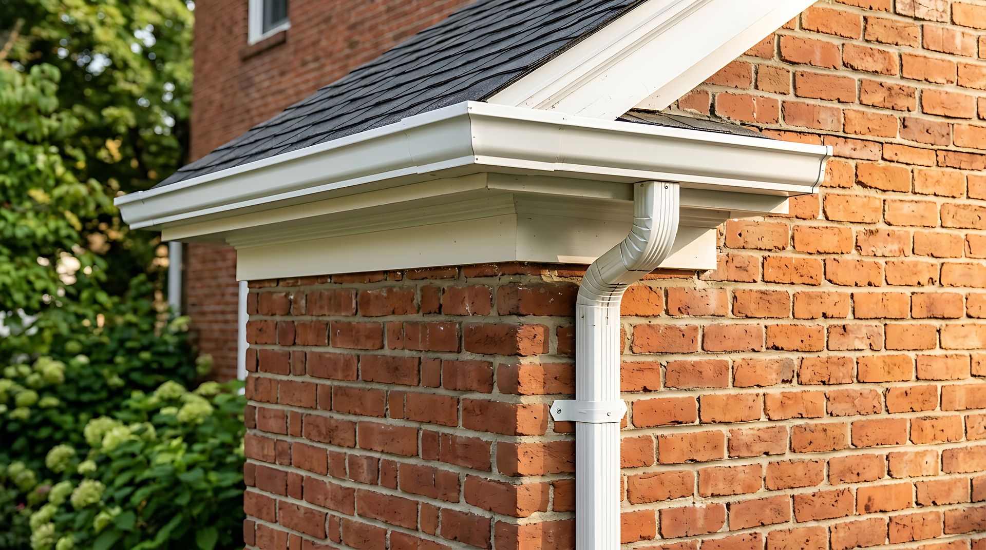 White gutter and downspout on a red brick house corner under a white roof overhang