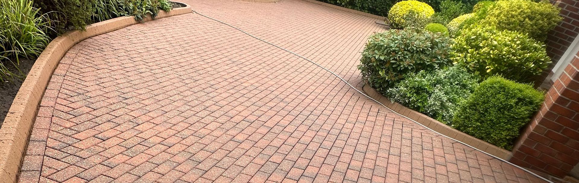 Curved brick pathway bordered by green shrubs and flowering plants