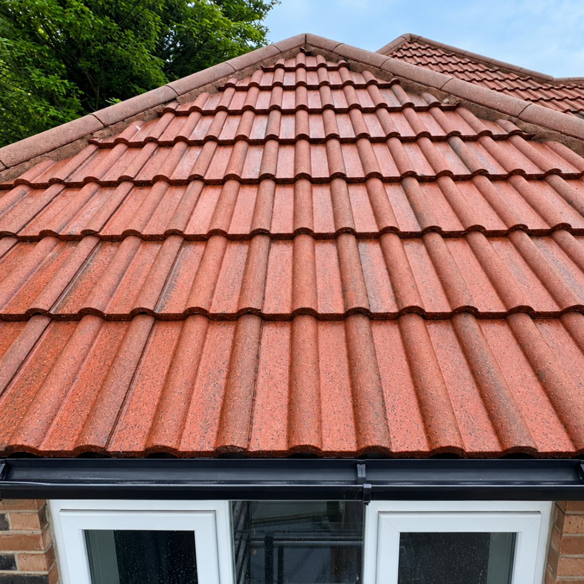 Red clay tile roof above windows, viewed from below, with trees in the background
