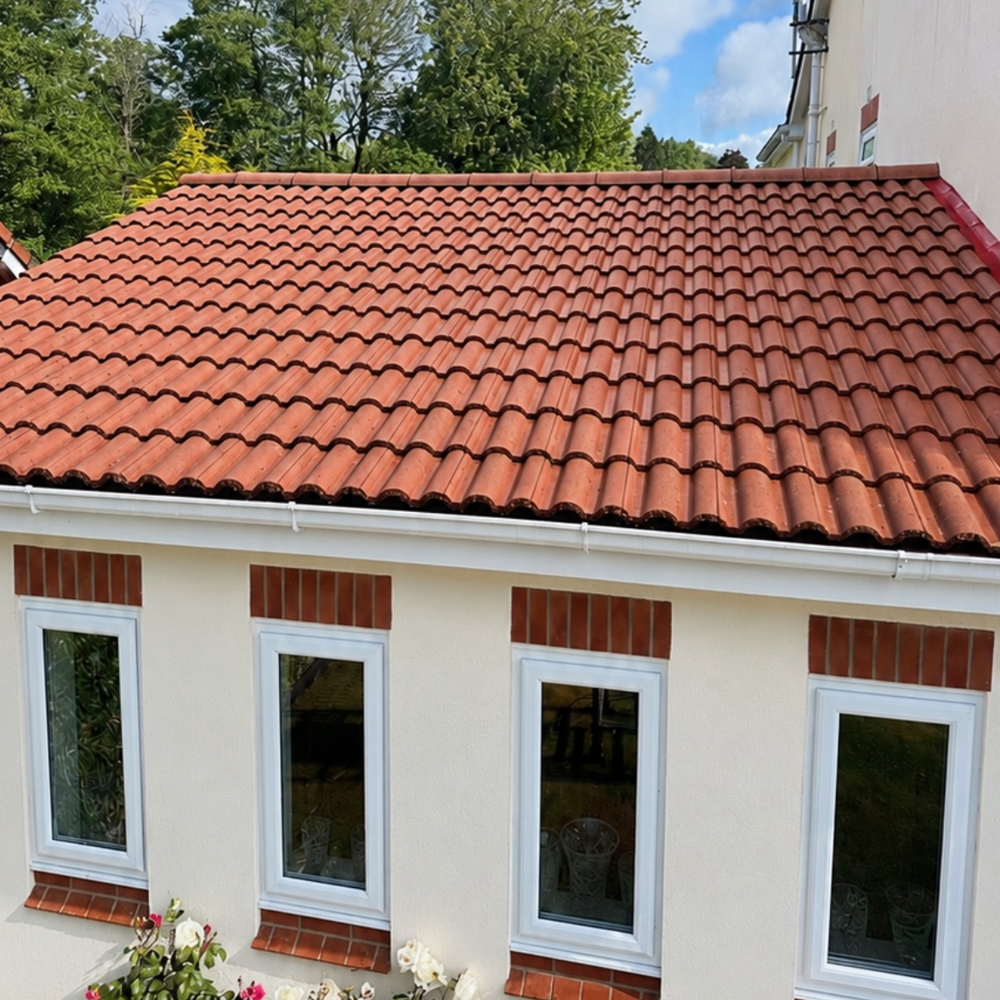 Red-tiled roof over a white house with four windows and trees in the background