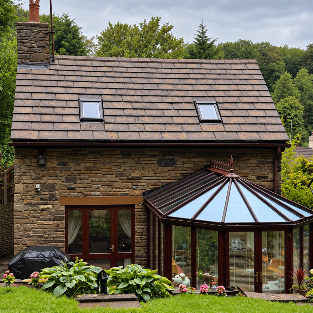 Stone cottage with slate roof, skylights, and a glass conservatory amid a lush garden.