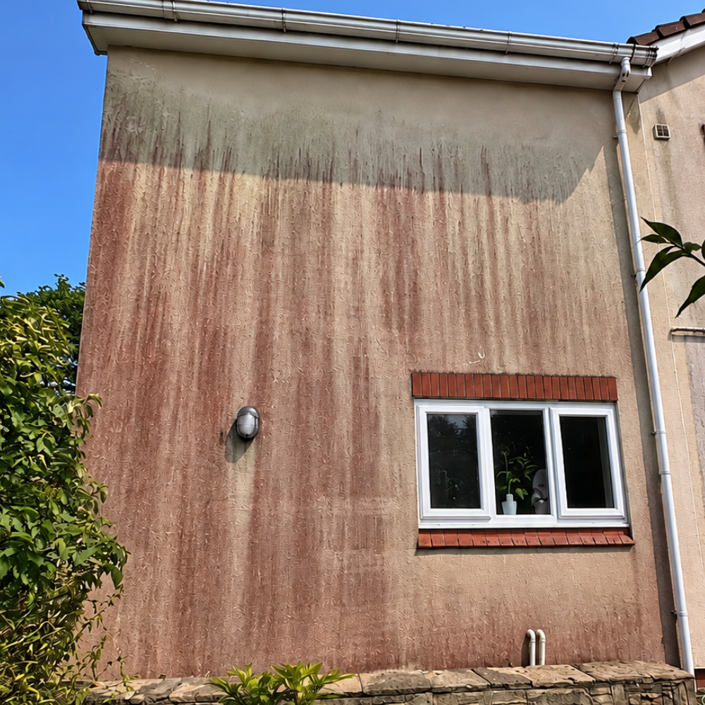Exterior wall stained with rain runoff, with a small white window under a blue sky.