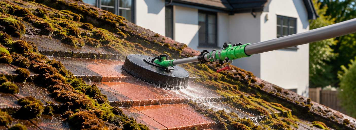 Person pressure-washing a moss-covered roof with a green wand and spray nozzle