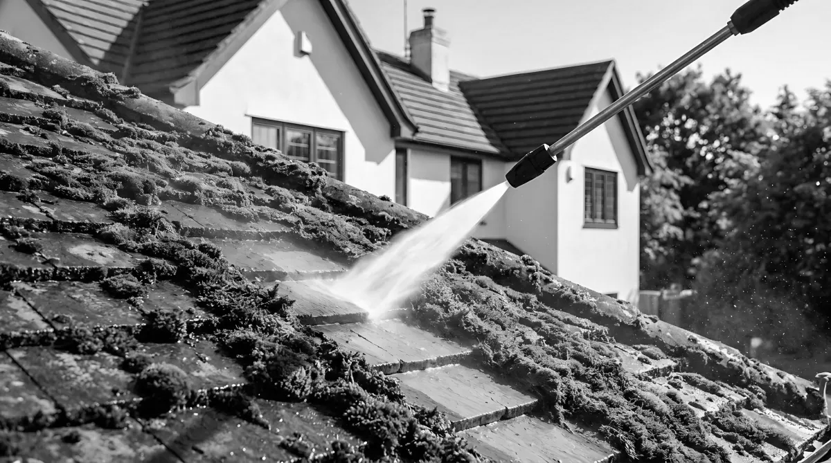 Water spraying onto a tiled roof of a house, likely from a pressure washer.