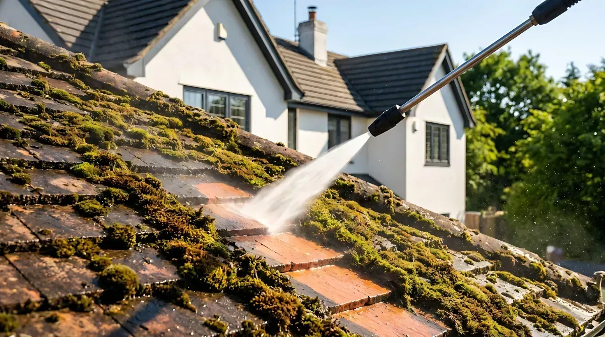 Pressure washer cleaning a mossy tiled roof on a house with white siding