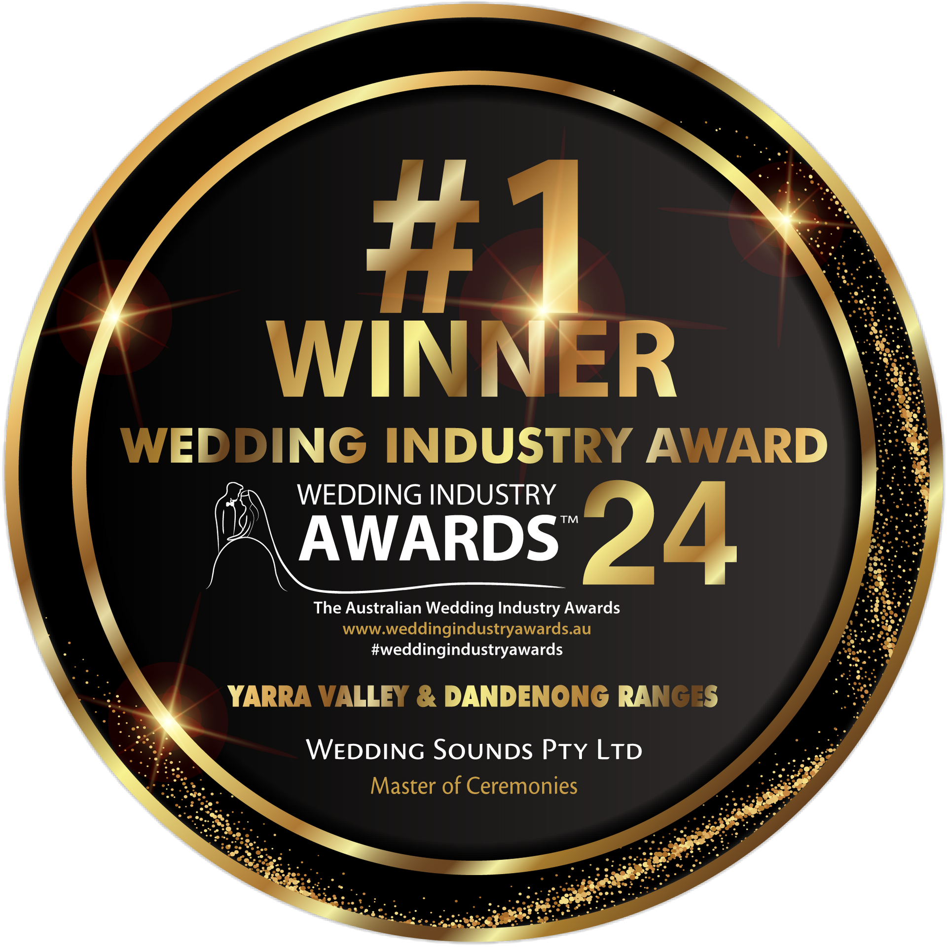 A gold circle with the words # 1 winner wedding industry award 24 on it