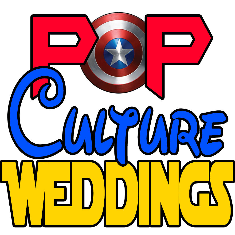 A logo for pop culture weddings with a captain america shield