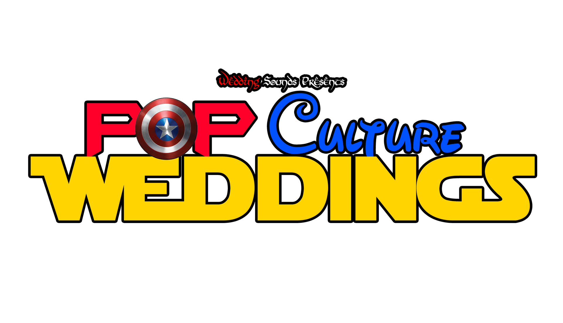 A logo for pop culture weddings with a picture of captain america