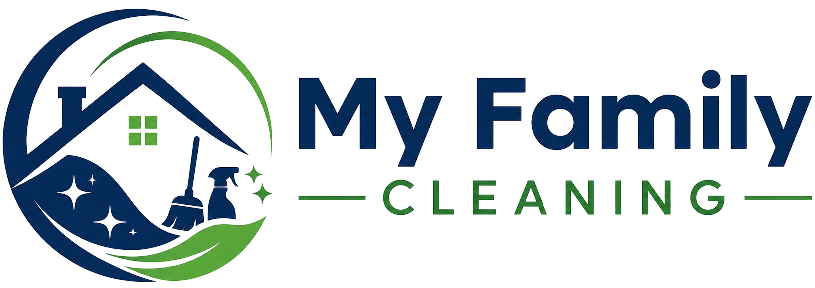 My Family Cleaning logo with blue and green house, stars, and broom icon on white background
