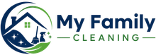 My Family Cleaning logo with blue and green house, stars, and broom icon on white background