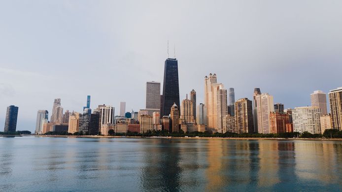 Chicago’s lakefront skyline reflected in Lake Michigan.