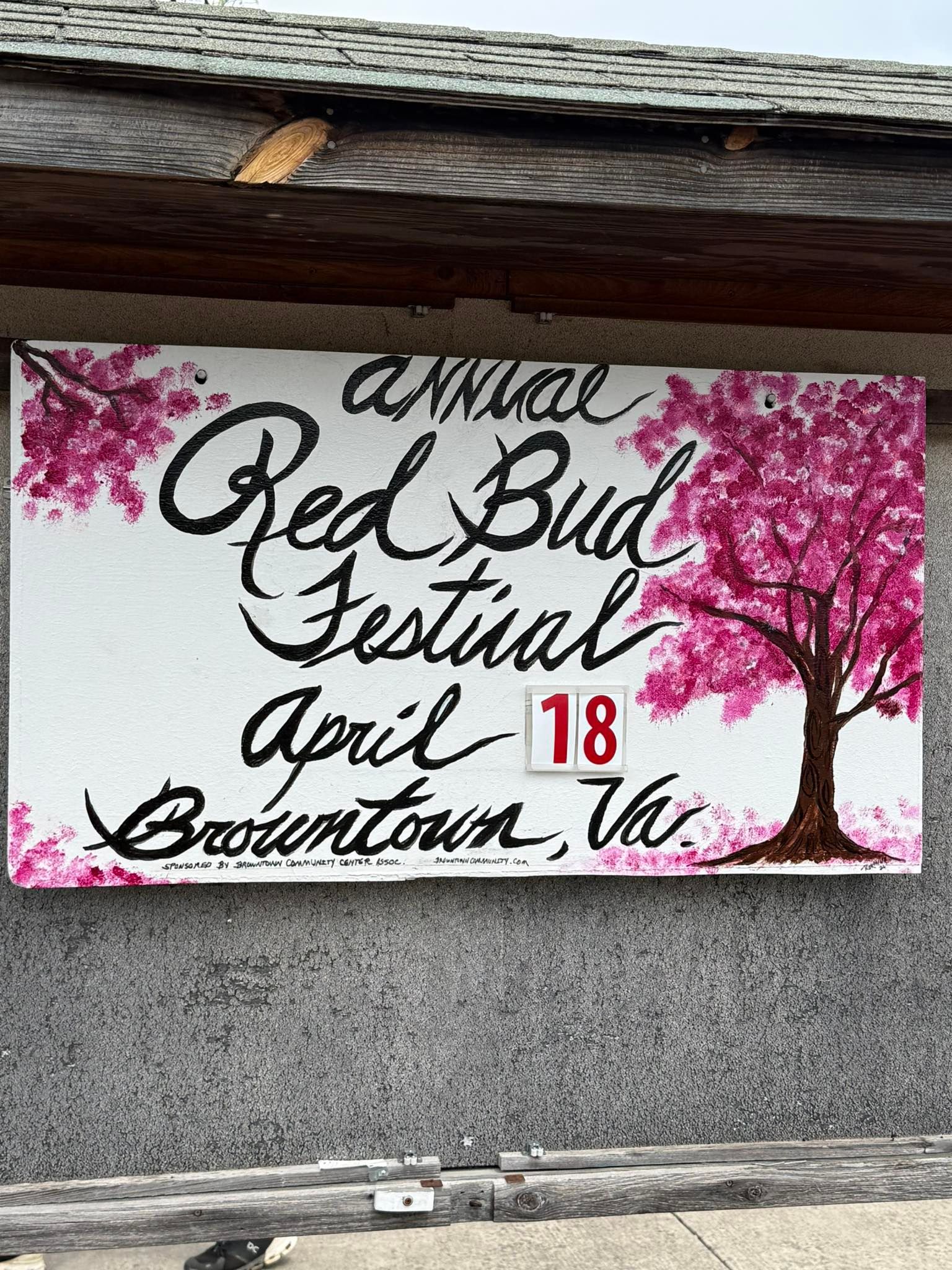 Sign for annual Red Bull Festival April 18 in Bowdoin, Washington, with pink blossoms and trees
