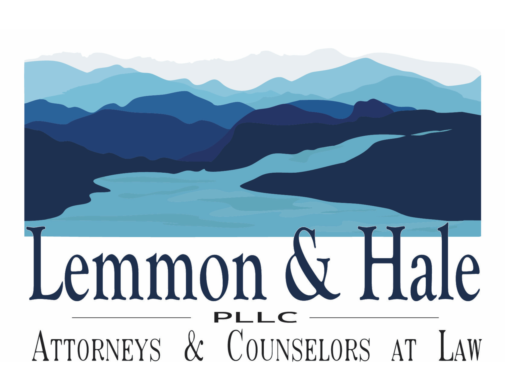 Logo for Lemmon & Hale PLLC Attorneys & Counselors at Law, featuring a blue mountain and lake landscape graphic.