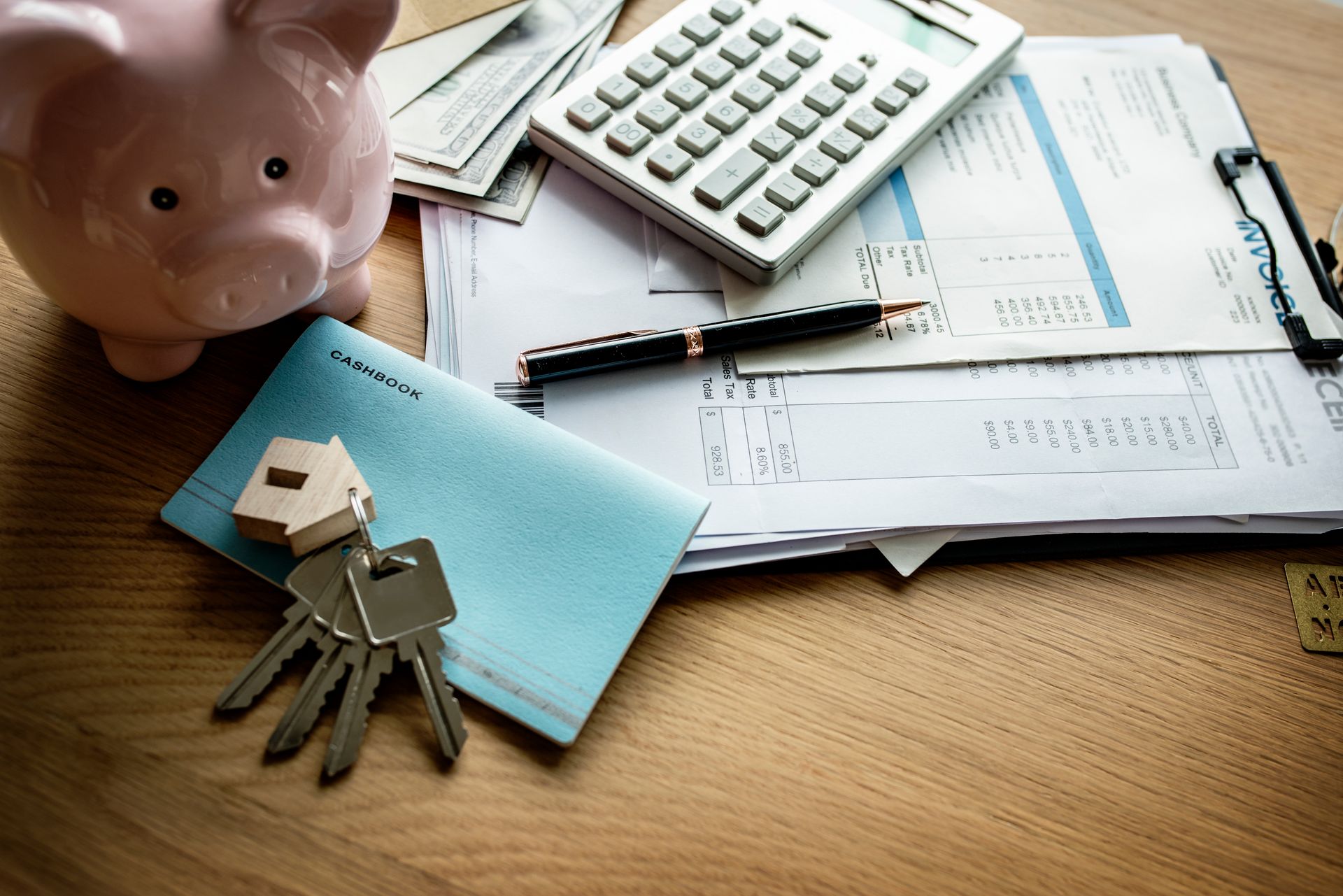 A pink piggy bank, a calculator, keys with a house keychain, and financial documents on a wooden table.