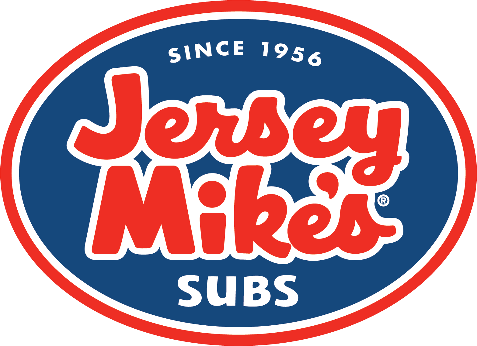 Jersey Mike's Subs logo: red and white text on a blue oval with a red border,
