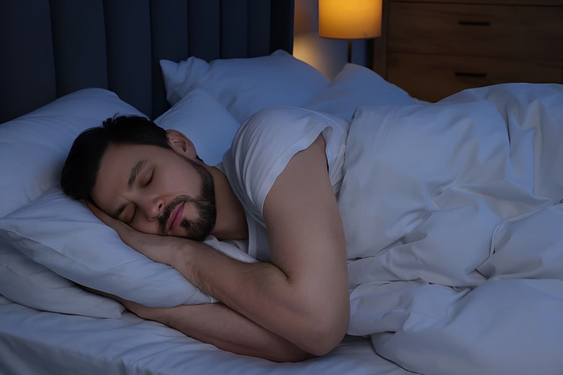 A Man is Sleeping in a Bed With White Sheets and Pillows at Night — Advanced Dental Southern Highlands in Moss Vale, NSW