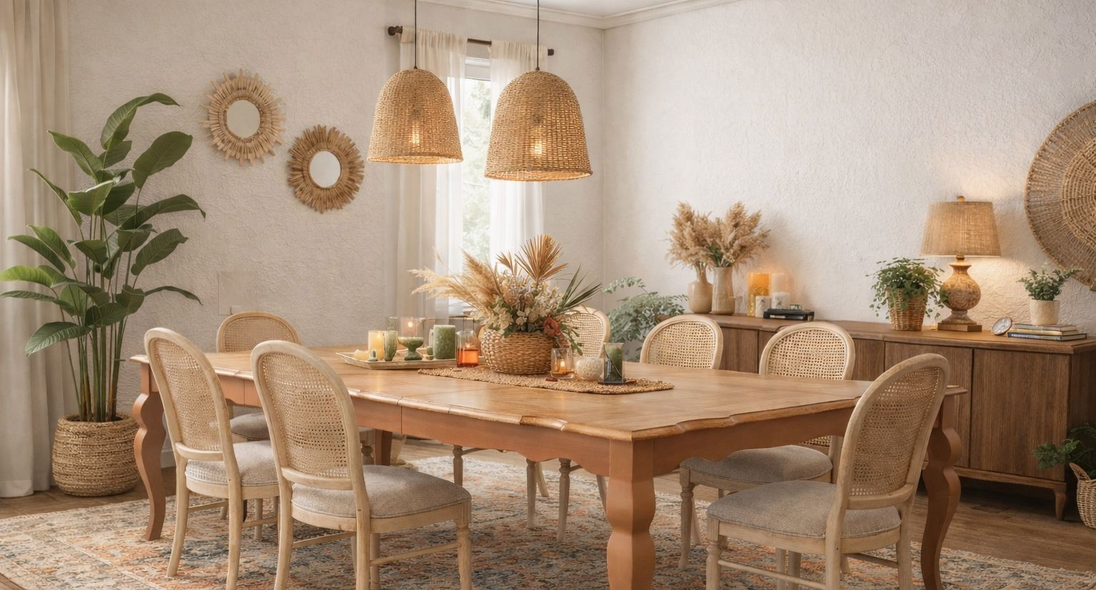 Cozy beige dining room with wicker chairs, wooden table, woven pendant lights, and floral decor