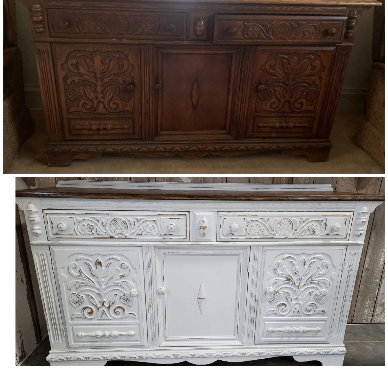 Two ornate vintage sideboards, one dark wood and one white, shown stacked or displayed together.