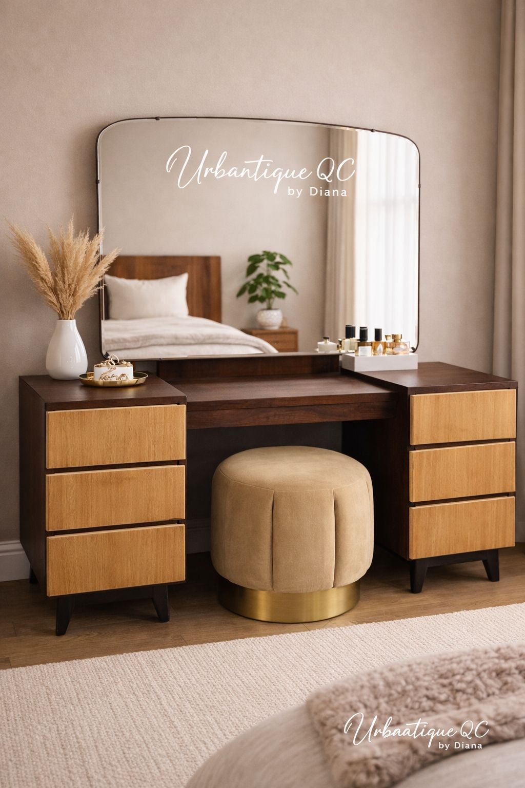 Modern vanity desk with mirror, wood drawers, beige stool, and dried floral decor in a soft neutral bedroom
