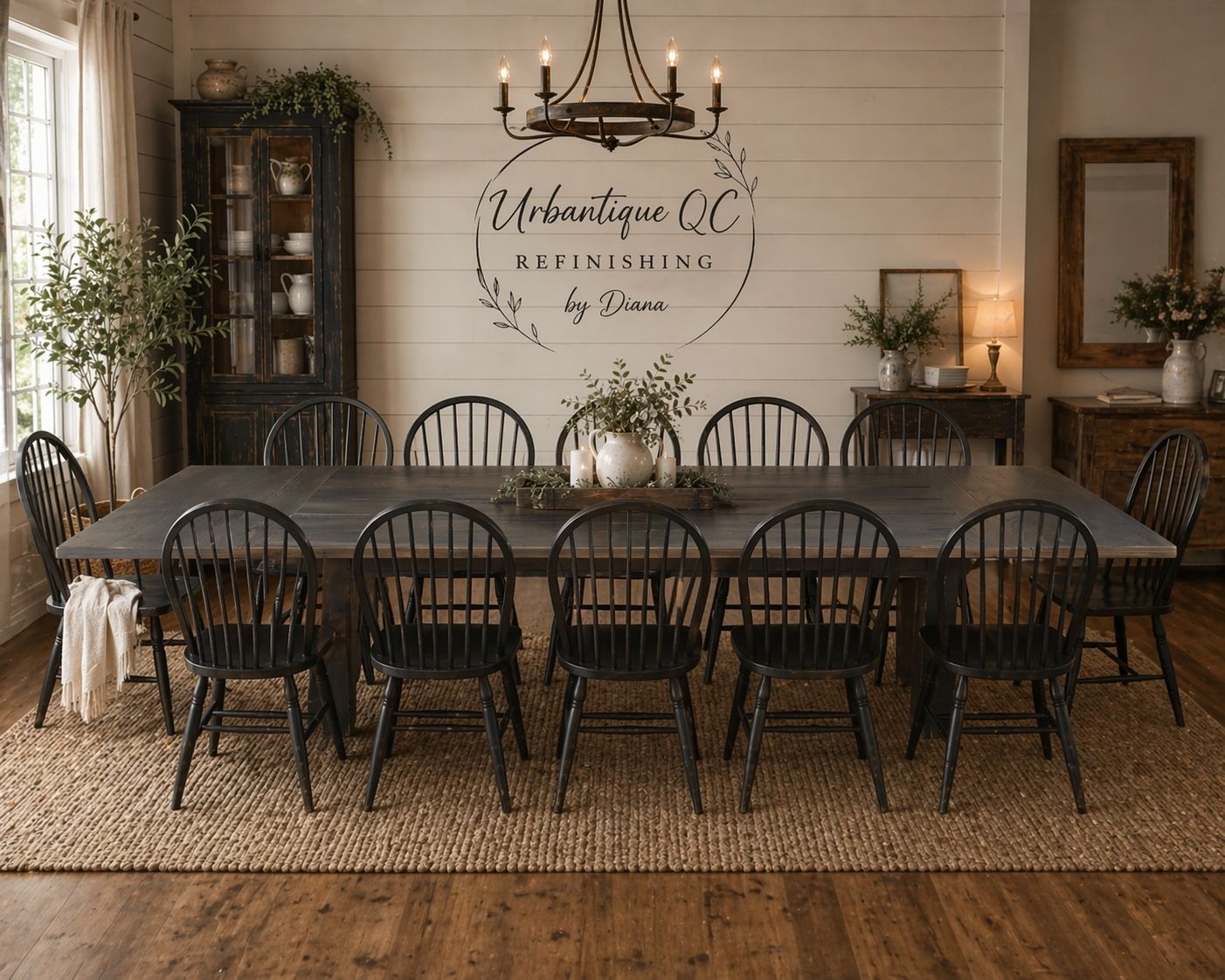 Rustic dining room with long table, black chairs, chandelier, and wall sign on white shiplap