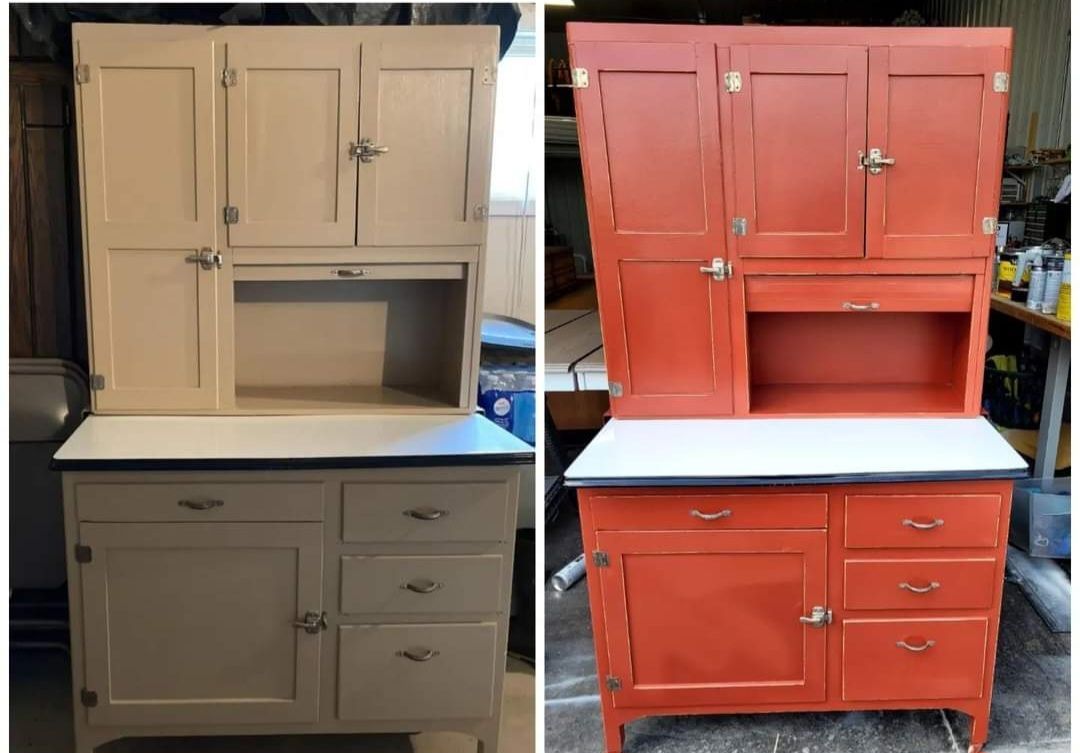 Before-and-after of a painted cabinet hutch: tan on left, bright red on right, with white shelf and drawers