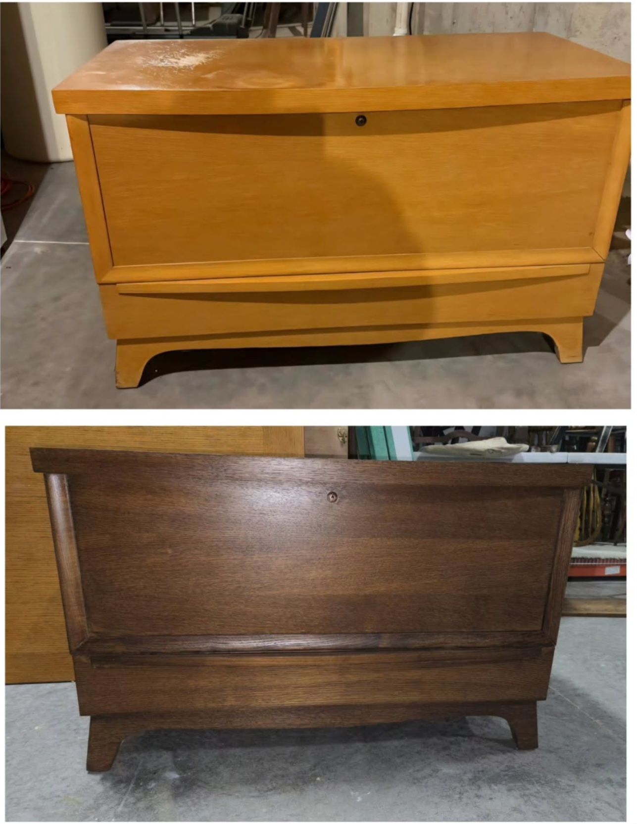 Two wooden storage chests, one light honey and one dark brown, shown stacked vertically.