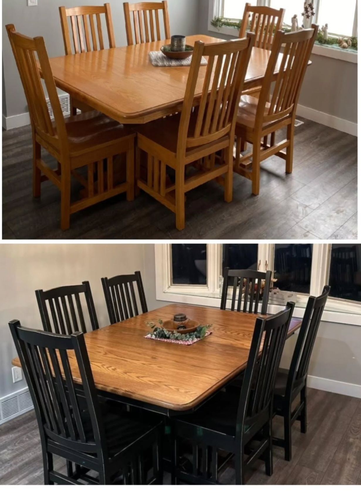Two dining tables with matching chairs: one warm wood set, one black set, both in bright rooms.