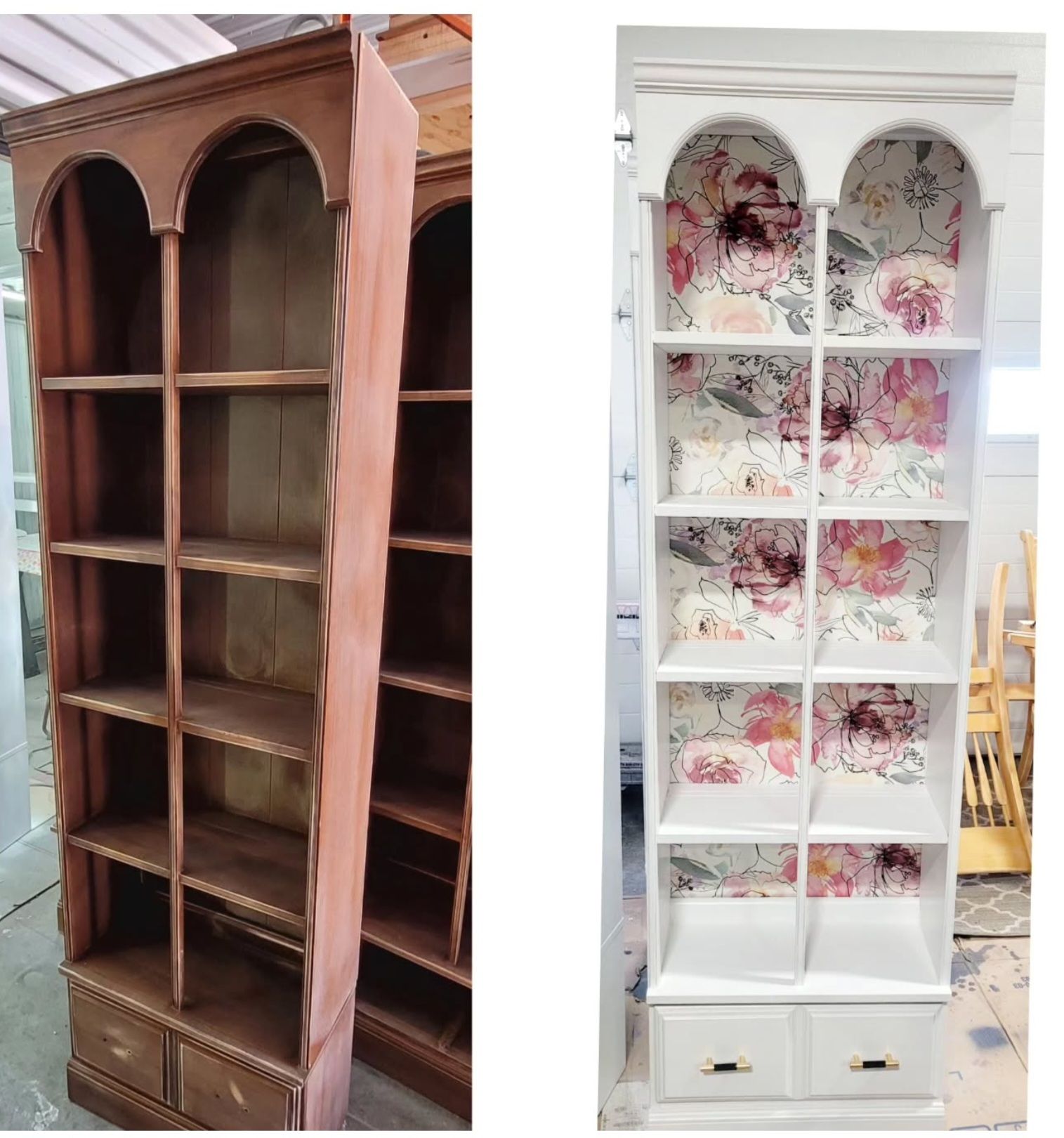 Wooden display cabinet before and after makeover, brown on left and white floral-lined on right.