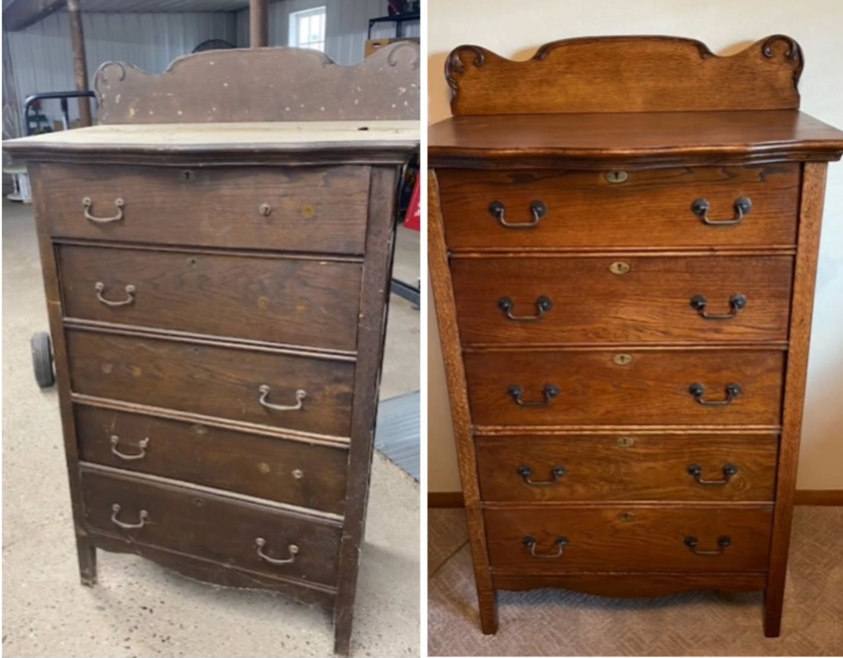 Two views of a vintage wooden dresser with five drawers and carved top trim.