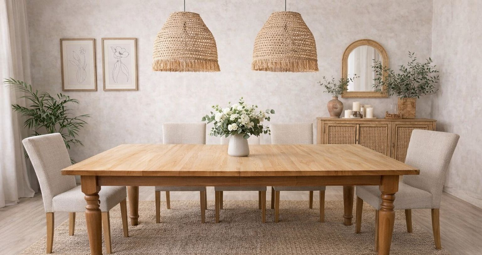 Bright dining room with a wooden table, beige chairs, woven pendants, and plants against a light wall.
