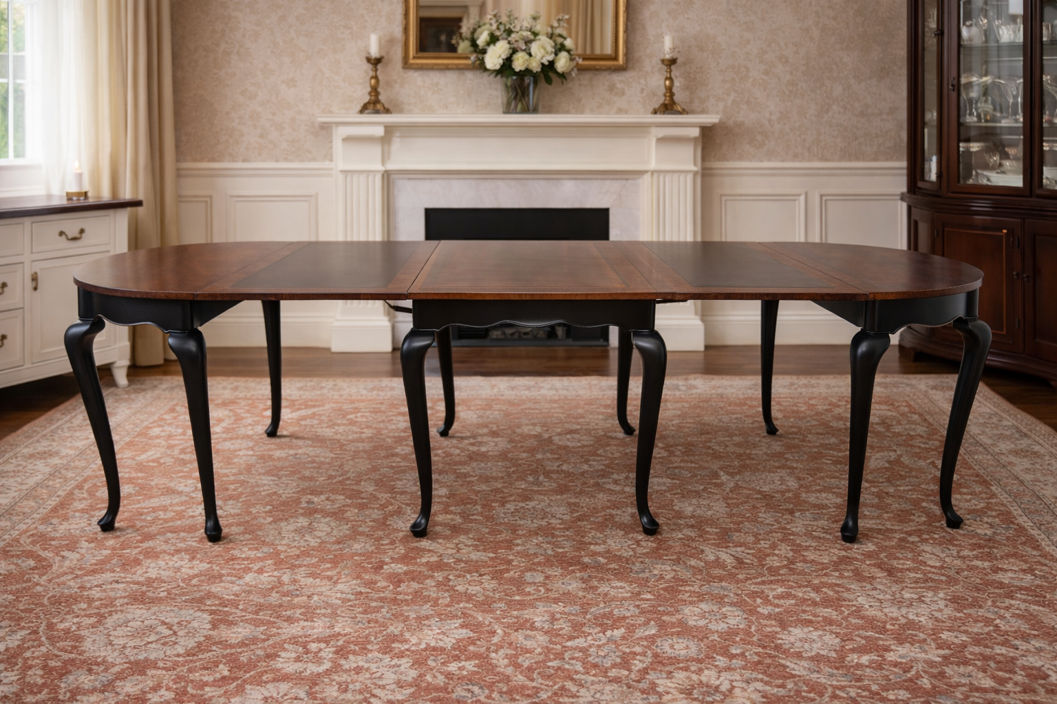 Dark wood dining table in a formal room with a fireplace and patterned rug